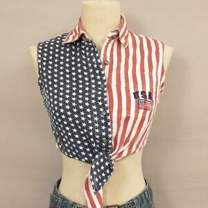 USA Stars & Stripes Crop Top Vintage 80s 90s Cotton Red White Blue Tie Front Sm